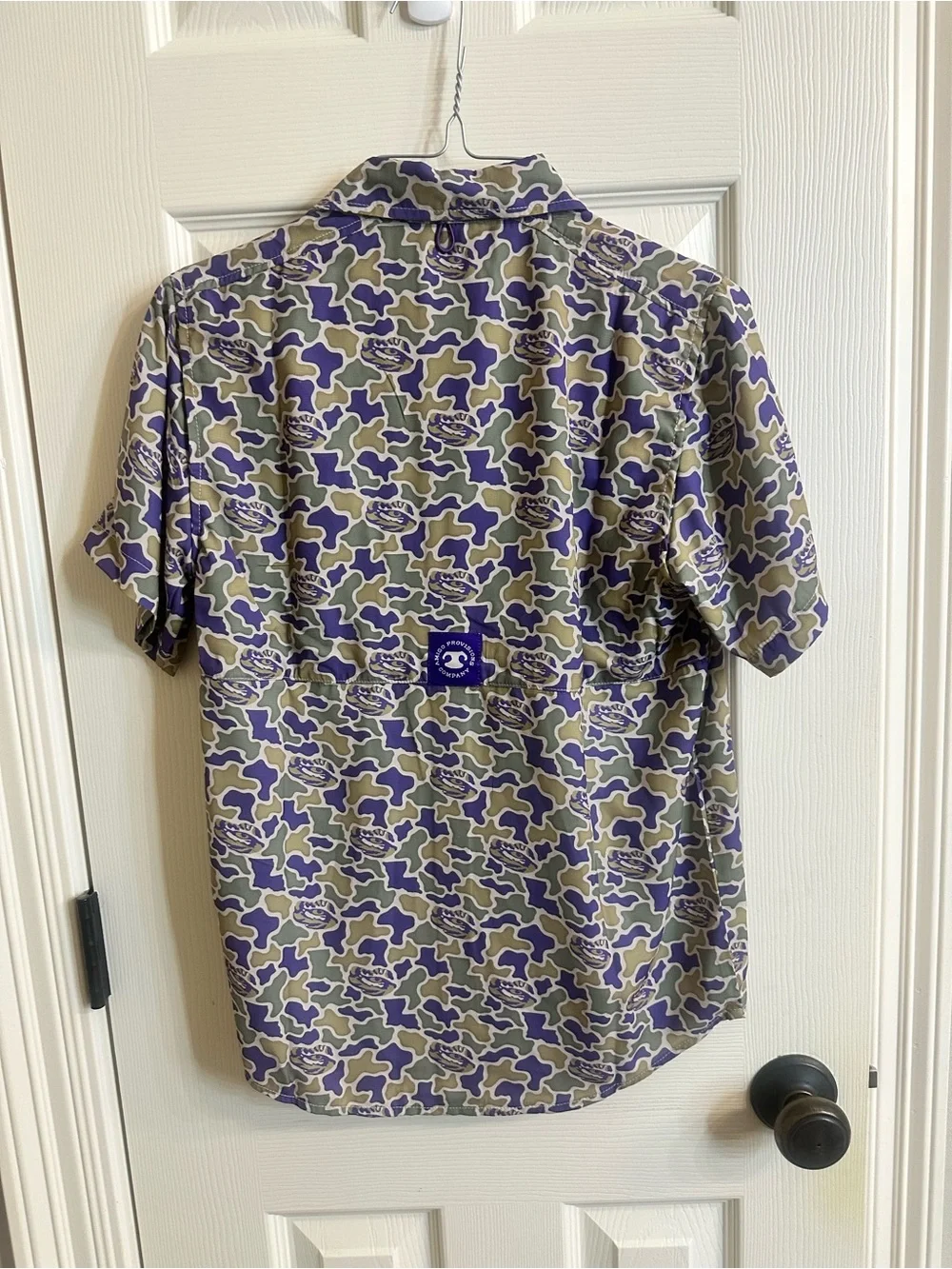 Boys LSU button up fishing shirt. LSU camo pattern